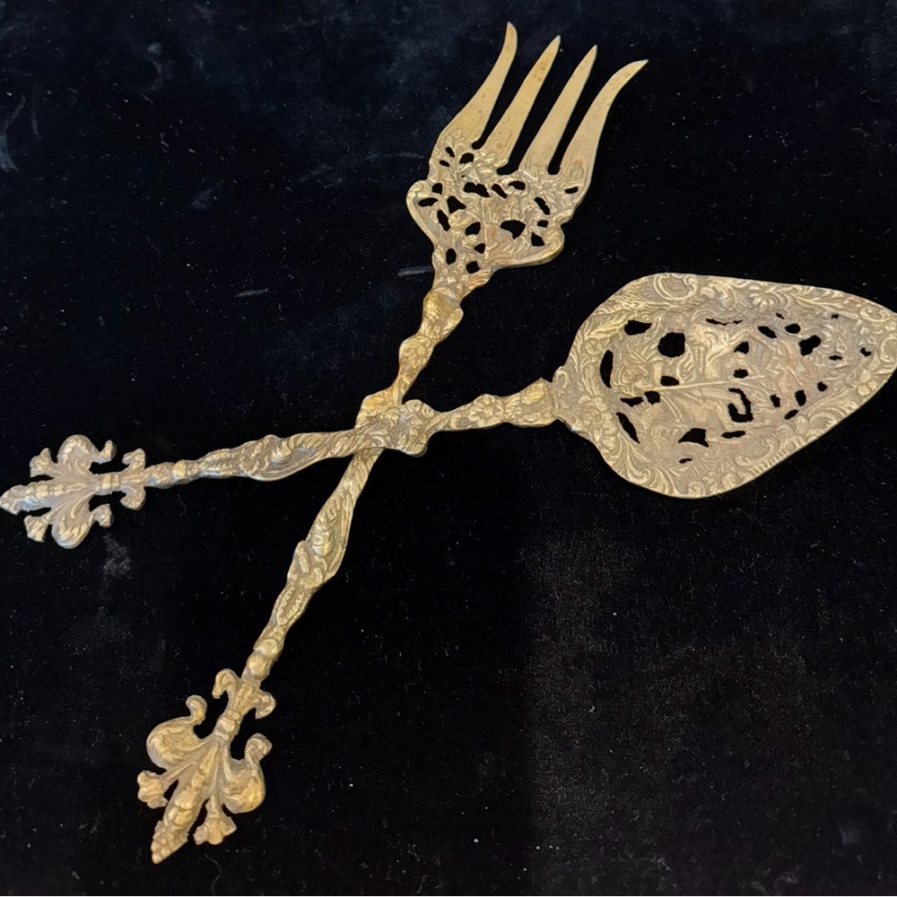 10” Vintage Brass Salad Servers Marked Italy